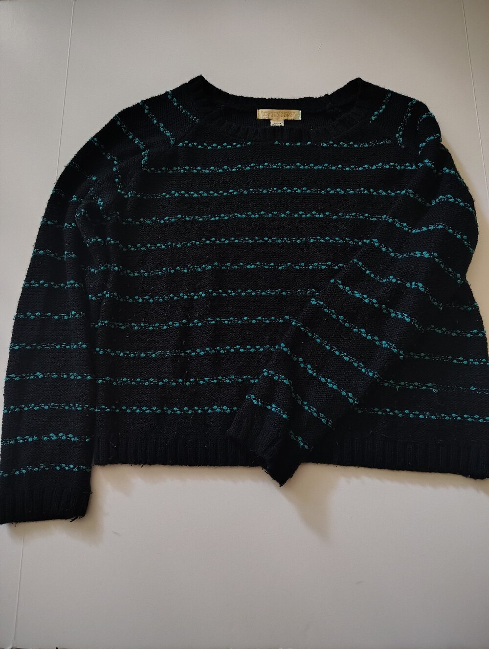 Love By Design Women's Black Crewneck Sweater with Teal Stripes